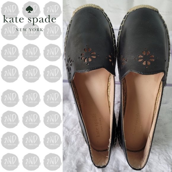 KATE SPADE Espadrille Gillian Black Leather Flats Slip On Laster Cutout Size 7 - Picture 3 of 12